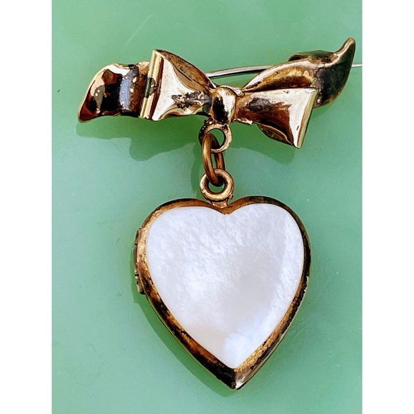 Vintage MOP Shell Sterling 10K GF Heart Locket Brooch - Picture 1 of 12